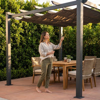 10 Ft. W X 10 Ft. D Aluminum Pergola Outdoor with Dark Gray Retractable Canopy — Lifestyle