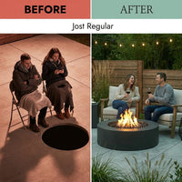 Brookhurst 43 In. W X 13 In. H round Outdoor GFRC Liquid Propane Fire Pit in Carbon with Lava Rocks — Before & After