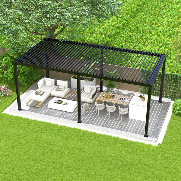 A black metal patio pergola with a slatted roof over a fully furnished outdoor living space, shown from an elevated perspective in a landscaped garden setting.