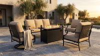 Black Metal Meshed 7 Seat 6-Piece Steel Outdoor Fire Pit Patio Set with Beige Cushions, Black Rectangular Fire Pit Table — Lifestyle