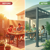 10 Ft. W X 10 Ft. D Aluminum Pergola Outdoor with Dark Gray Retractable Canopy — Before & After