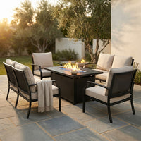Black Metal Meshed 7 Seat 6-Piece Steel Outdoor Fire Pit Patio Set with Beige Cushions, Black Rectangular Fire Pit Table — Studio Shot