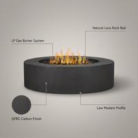 Brookhurst 43 In. W X 13 In. H round Outdoor GFRC Liquid Propane Fire Pit in Carbon with Lava Rocks — infographic