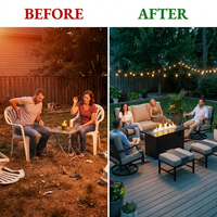 Black Metal Meshed 7 Seat 6-Piece Steel Outdoor Fire Pit Patio Set with Beige Cushions, Black Rectangular Fire Pit Table — Before & After