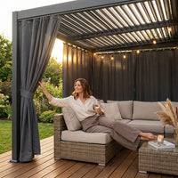 12X20 Louvered Pergola,Dark Grey Aluminum Frame with Adjustable Rainproof Roof, Featuring Waterproof Curtains and Nets — Lifestyle