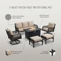 Outdoor Fire Pit Patio Set Built for Year-Round Gatherings, 7-Seat Configuration, Steel Frame, Beige Cushions