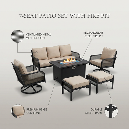 Black Metal Meshed 7 Seat 6-Piece Steel Outdoor Fire Pit Patio Set with Beige Cushions, Black Rectangular Fire Pit Table — infographic