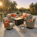 Outdoor Patio Furniture Set Built for Year-Round Entertaining, Fire Pit, Swivel Chairs, Solar Table