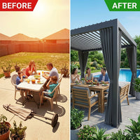 12X20 Louvered Pergola,Dark Grey Aluminum Frame with Adjustable Rainproof Roof, Featuring Waterproof Curtains and Nets — Before & After