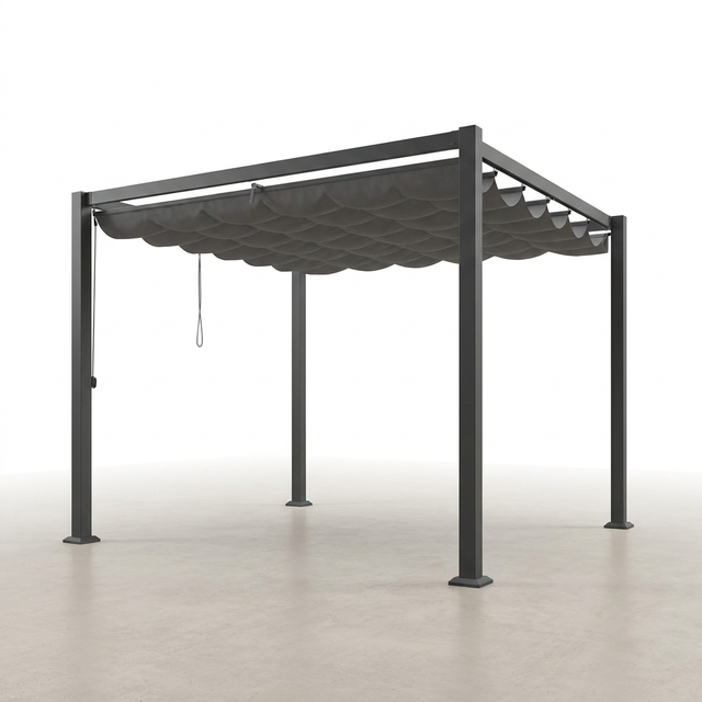 10 Ft. W X 10 Ft. D Aluminum Pergola Outdoor with Dark Gray Retractable Canopy — Studio Shot