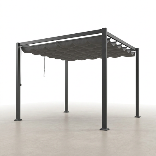 10 Ft. W X 10 Ft. D Aluminum Pergola Outdoor with Dark Gray Retractable Canopy — Studio Shot