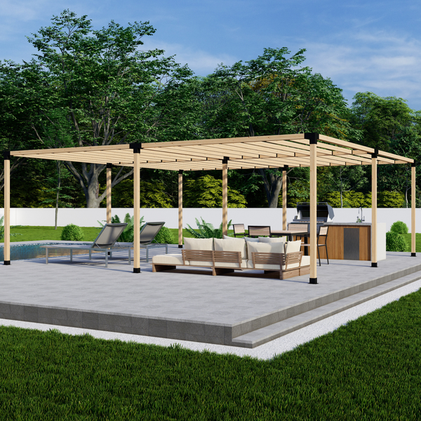 Wooden pergola with outdoor furniture on a patio area with trees in the background