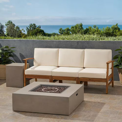 Perla Teak Brown 5-Piece Wood Outdoor Patio Fire Pit Conversation Set with Cream Cushions