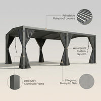 12X20 Louvered Pergola,Dark Grey Aluminum Frame with Adjustable Rainproof Roof, Featuring Waterproof Curtains and Nets — infographic