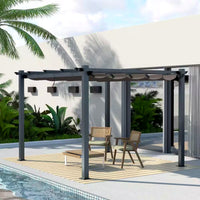 Outdoor Pergola Built for Year-Round Shade, 10x10 Aluminum Frame, Retractable Canopy, Weather Resistant