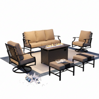 Outdoor Fire Pit Patio Set Built for Year-Round Gatherings, 7-Seat Configuration, Steel Frame, Beige Cushions