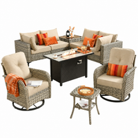 Outdoor Patio Furniture Set Built for Year-Round Entertaining, Fire Pit, Swivel Chairs, Solar Table